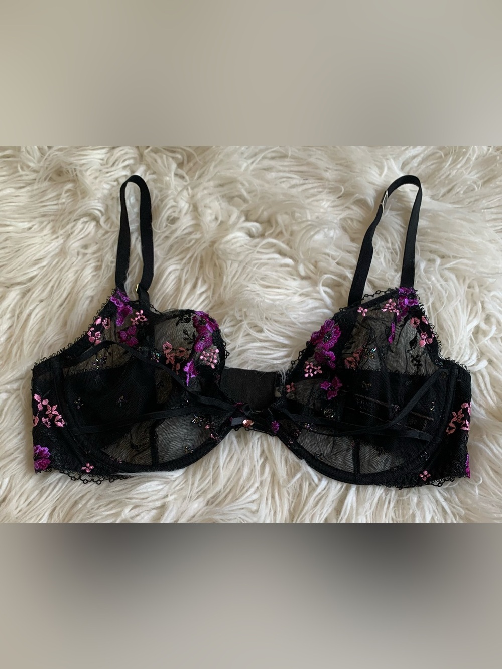 Victoria's Secret Very Sexy Low Cut Demi Bra Embroidered Black Pink Size 38C